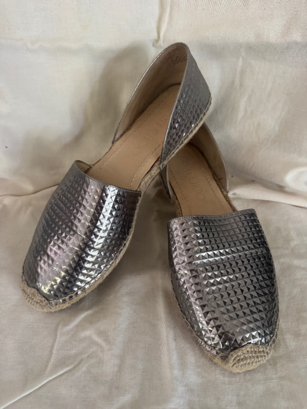 JIMMY CHOO DREYA D'ORSAY FLAT ESPADRILLE - SILVER METALLIC LEATHER - SIZE 38